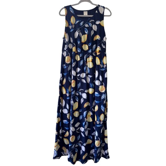 Soma Womens Navy Lemon Print Sleeveless Knit Maxi Dress With Side Pockets  L - Picture 2 of 14